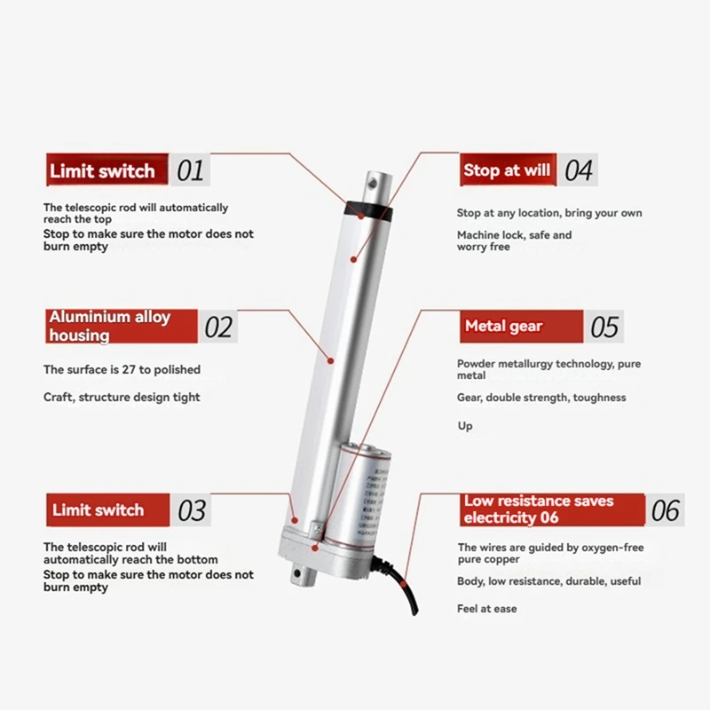 قضيب دفع كهربائي بتيار مستمر 50 مم، 24 فولت، 0.02 وات، عزم دوران معدل 36,4000 دورة في الدقيقة قضيب تلسكوبي كتم الصوت للمنزل الذكي.