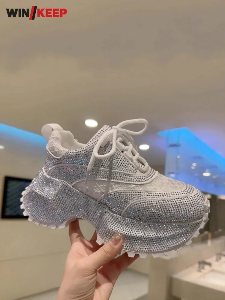 

Fashion Ladies Height Increasing Breathable Shiny Diamonds Inner Thick Soled Running Shoes Lace Up Training Jogging Sneakers