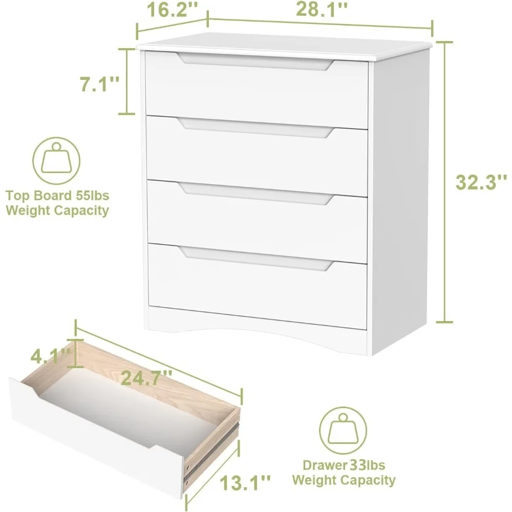 4 Drawer Dresser, White Chest of Drawers with Large Storage Capacity, Bedroom Dressers and Organizer with Embedded Handles