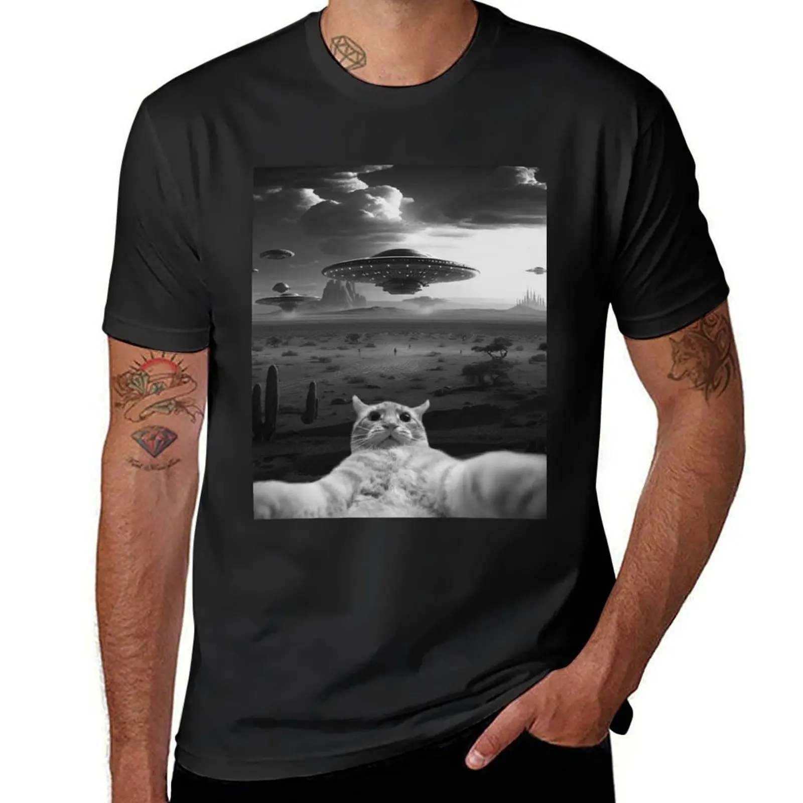 T-shirt alienígena do gato engraçado do ufo do homem imprime, roupa animal para meninos