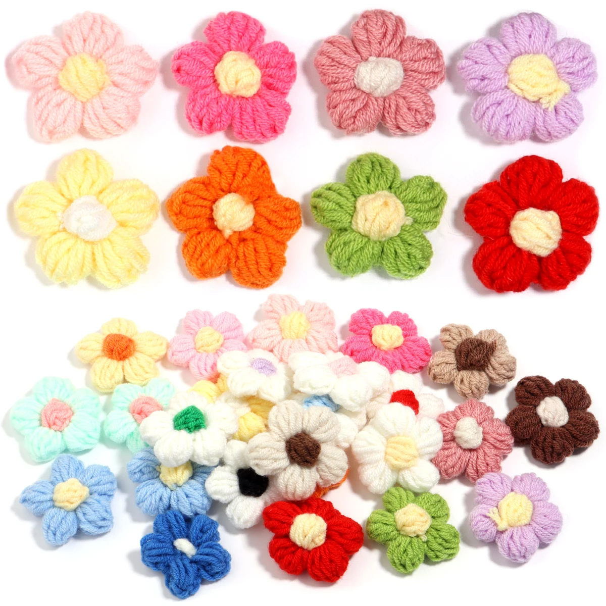 10 pçs/lote flores tricotadas à mão mini flor colorida apliques florais costurar remendos para roupas chapéu decoração de casamento diy artesanato suprimentos