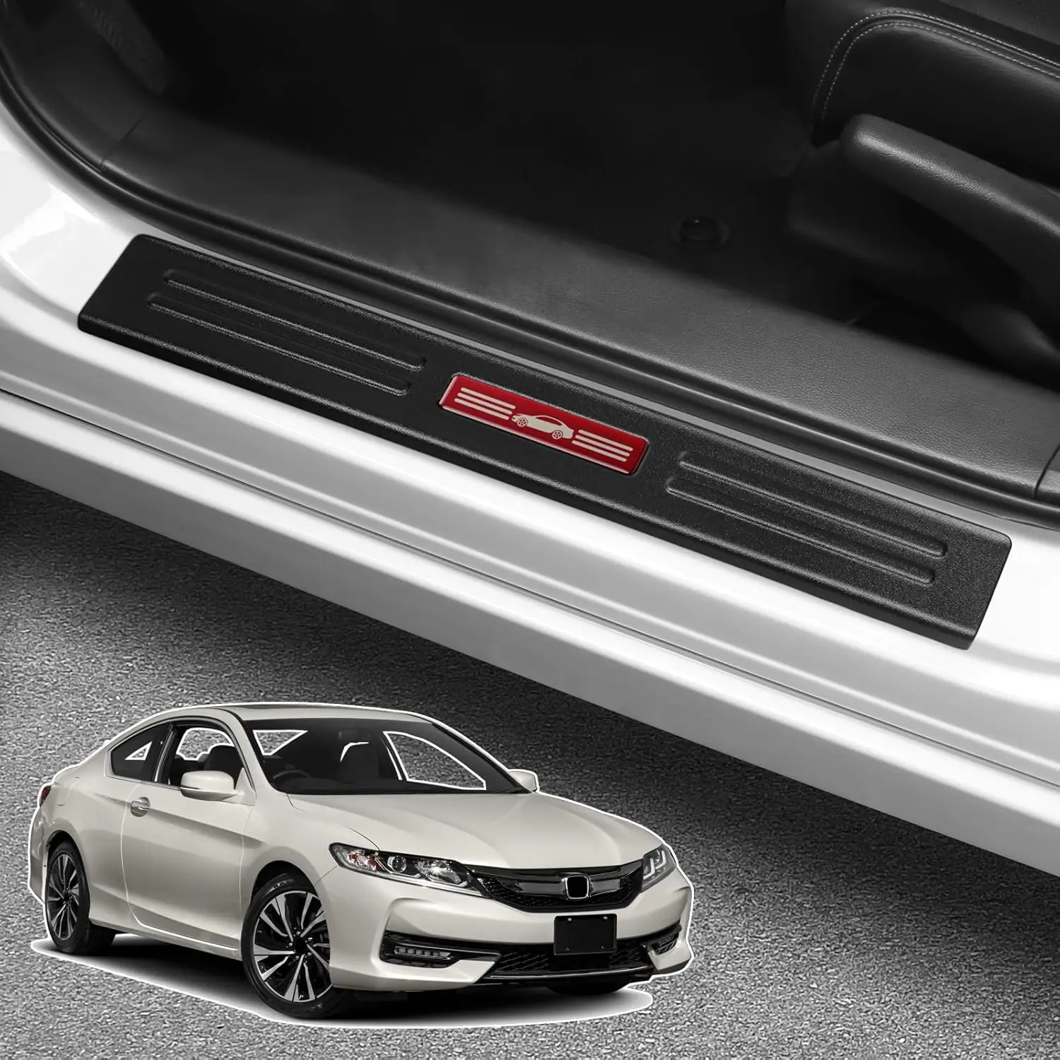 4PCS Door Sill Protector For Honda Accord 2013-2017 Hybrid (Include HEV) Accessories Matte Black ABS Material (Red Trim)