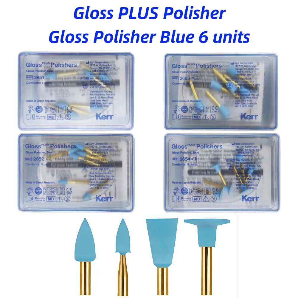 

Полировальные насадки Kerr Gloss PLUS из оксида алюминия, композитные, для предварительной полировки, 6 шт./упак., синие, в форме пламени, дисковые, мини-точечные, из смолы