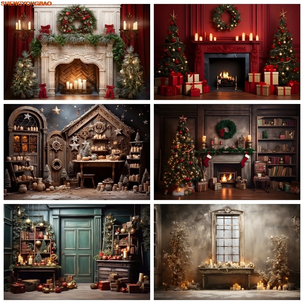 

Christmas Photography Backdrop Rustic Wood House Xmas Tree Candle Interior Room Baby Portrait Family Party Photocall Background