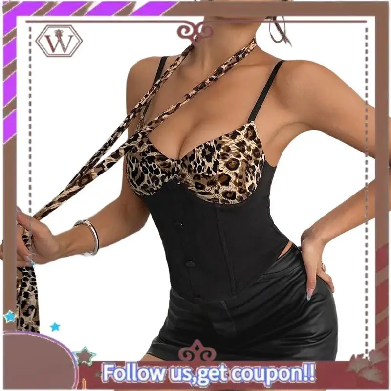A95D-Women's Leopard Print Contrast Halter Crop Top, Deep V Neck, Button Closure, Sleeveless, Open Back Tank Top