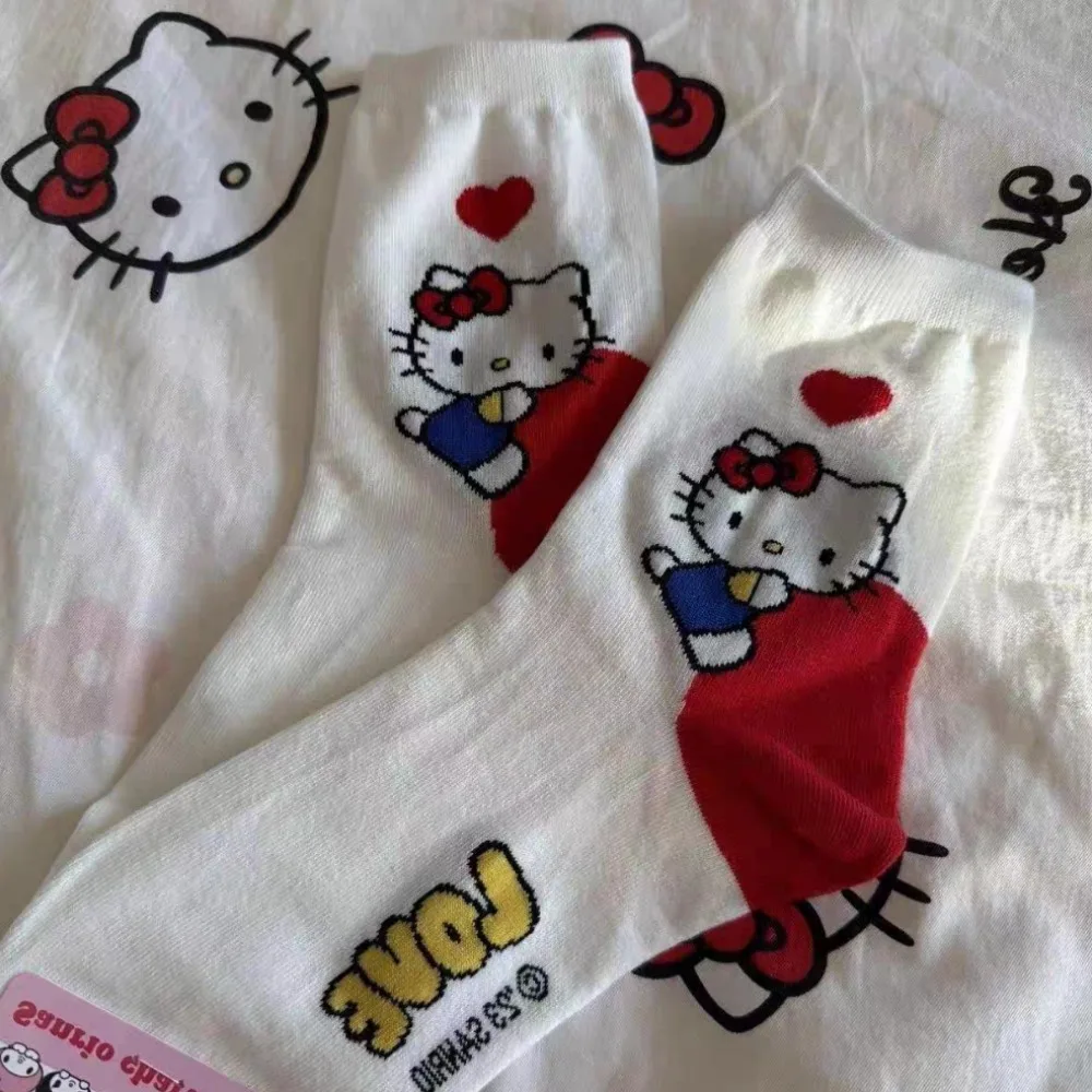 Sanrio Women Hello Kitty Kuromi MyMelody Cute Cotton Blend Ankle Socks Set Kawaii Soft Autumn Winter Warm Mid-Tube Sock One Size