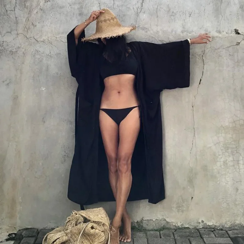 5 Colors Solid Bikini Cover-ups Long Kimono Sexy Belted Summer Wrap Dress Women Beach Wear Cover Up Cardigan Robe De Plage