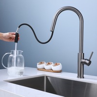 Kitchen Faucet, Pull-Out Spray, Gunmetal Gray, 360° Swivel, Cold/Hot, High-Pressure Multi-Spray, Easy Install - Lead-Free Brass