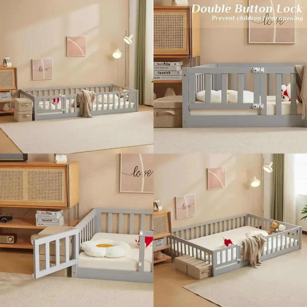 

Toddler Loft Bed with Door and Entrance, 12-Slats Design, Safety Guardrails, Solid Wood, Suitable for Boys and Girls (Grey)