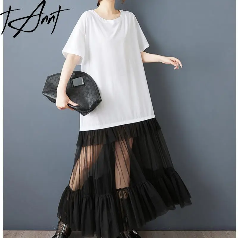 

Tannt Women Dress Fashion Mesh Patchwork Irregular Tshirt Dresses Asymmetry Black Casual Long Summer Tshirt Dresses For Women