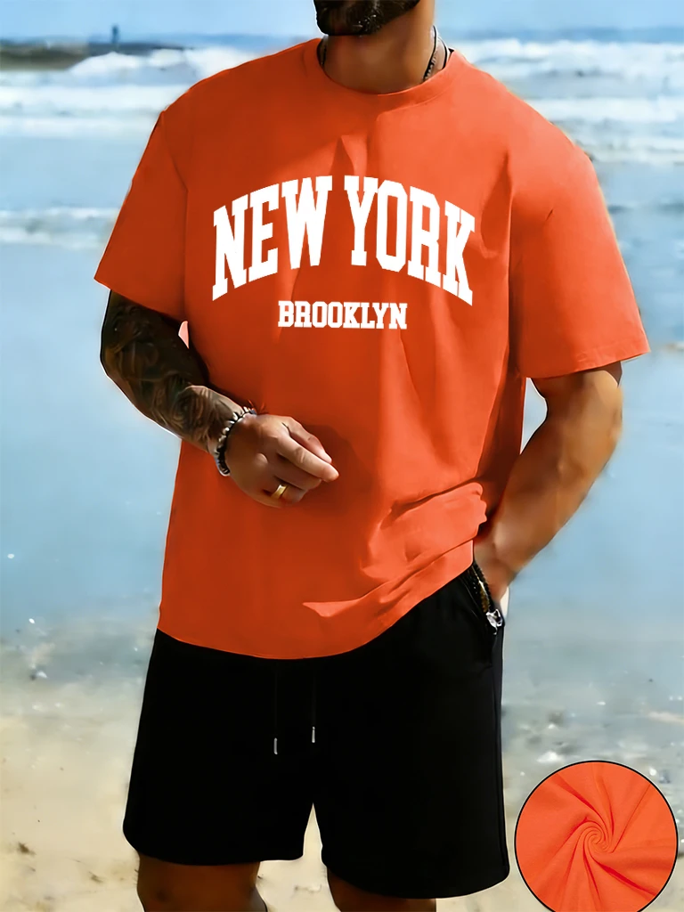 

New York Brooklyn Letter Print Man Simple Running Street Streetwear Cotton Cool Short Sleeve 2Pc Sets Comfortable Summer Shorts
