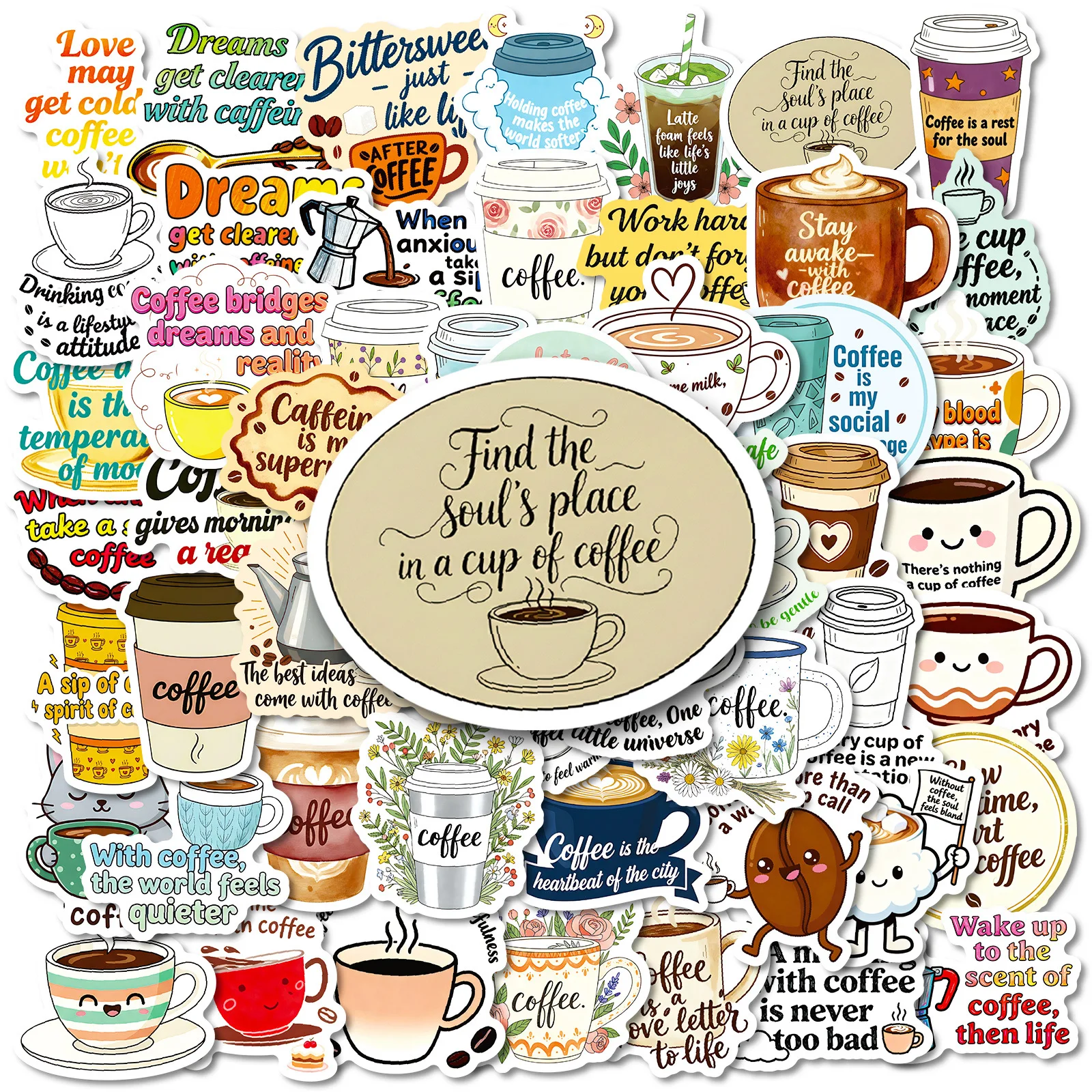 

56PCS Coffee Text Short Sentence Graffiti Stickers Cute Text Can Decorate Laptop Guitar iPad Waterproof Stickers Kids Toy
