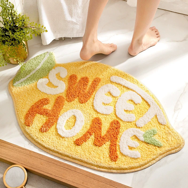 Lemon Shaped Bath Mat - Flocked Microfiber Non-Slip Absorbent Bathroom Rug - Soft & Comfortable Machine Washable Bathroom Decor