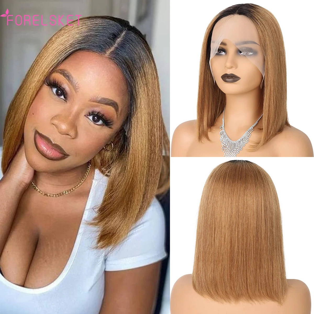 FORELSKKET150-Perruque Bob Lace Front Wig Remy naturelle lisse ombrée, 13x4, 1B/30, à reflets de densité