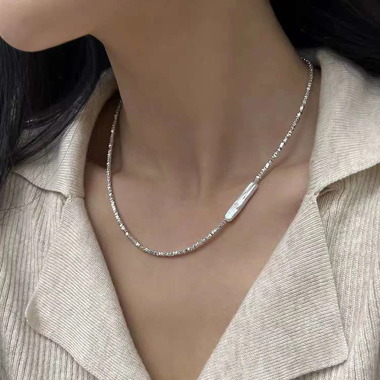 Full Body 925 Sterling Silver Natural Small Silver Bar Necklace, Around 40+5cm Freshwater Baroque Pearl Necklace, Women Silver