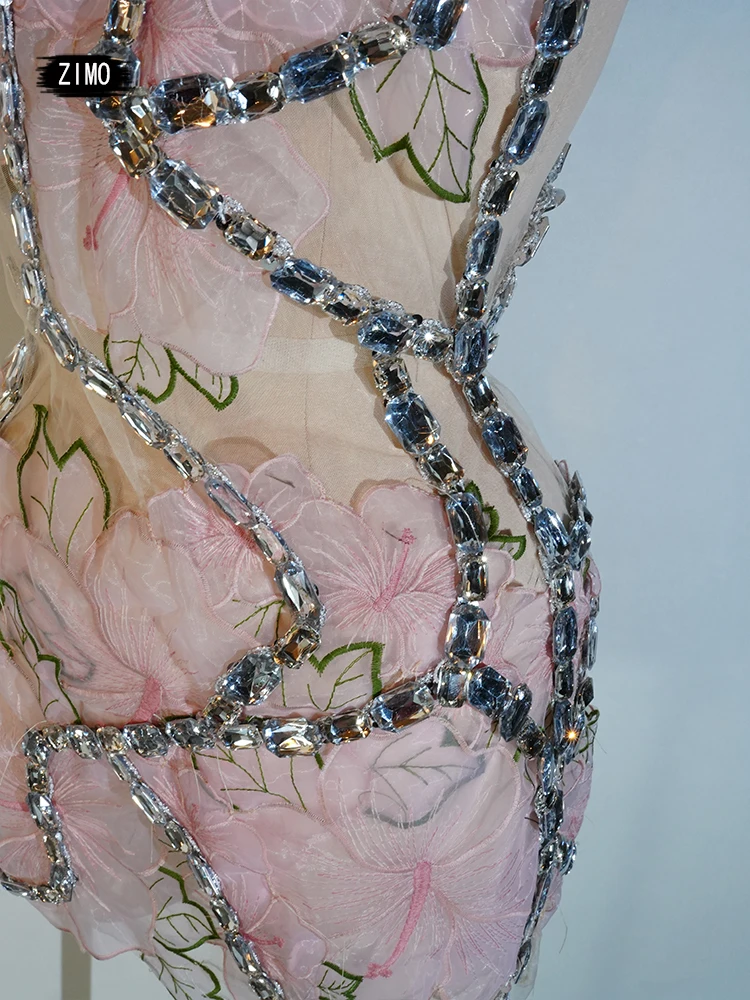 Glänzendes Strass-Bar-Kleid, kurzer Rock, rosa, sexy Kleid, Neckholder, Feiern, Leistung, Party, Geburtstag, Sängerin, Tanz, GO Drag Queen