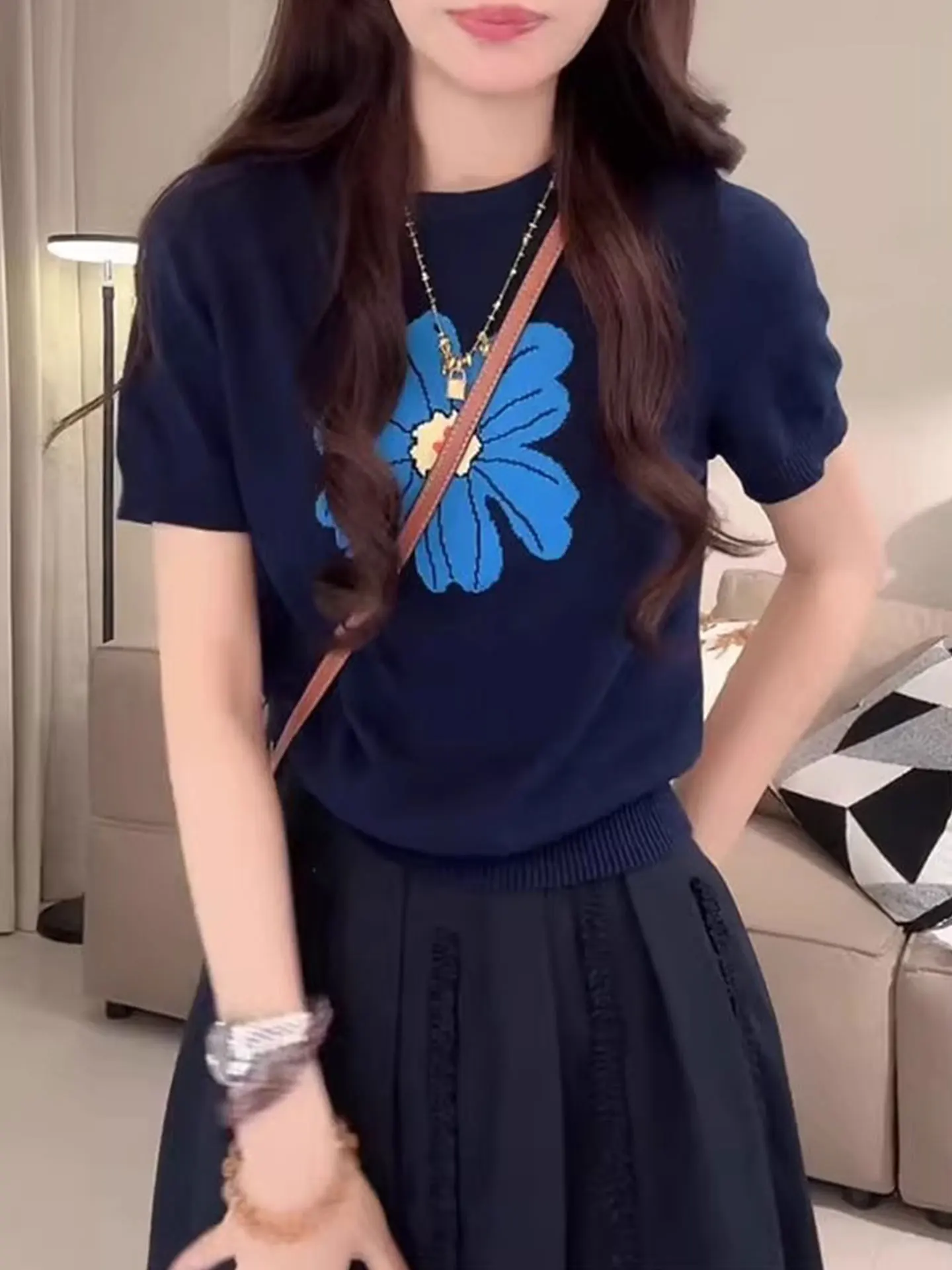 

Вязаный топ Ele Ice Silk с коротким рукавом и принтом, универсальный, летний, модный, в корейском стиле, прямого кроя, для повседневной носки