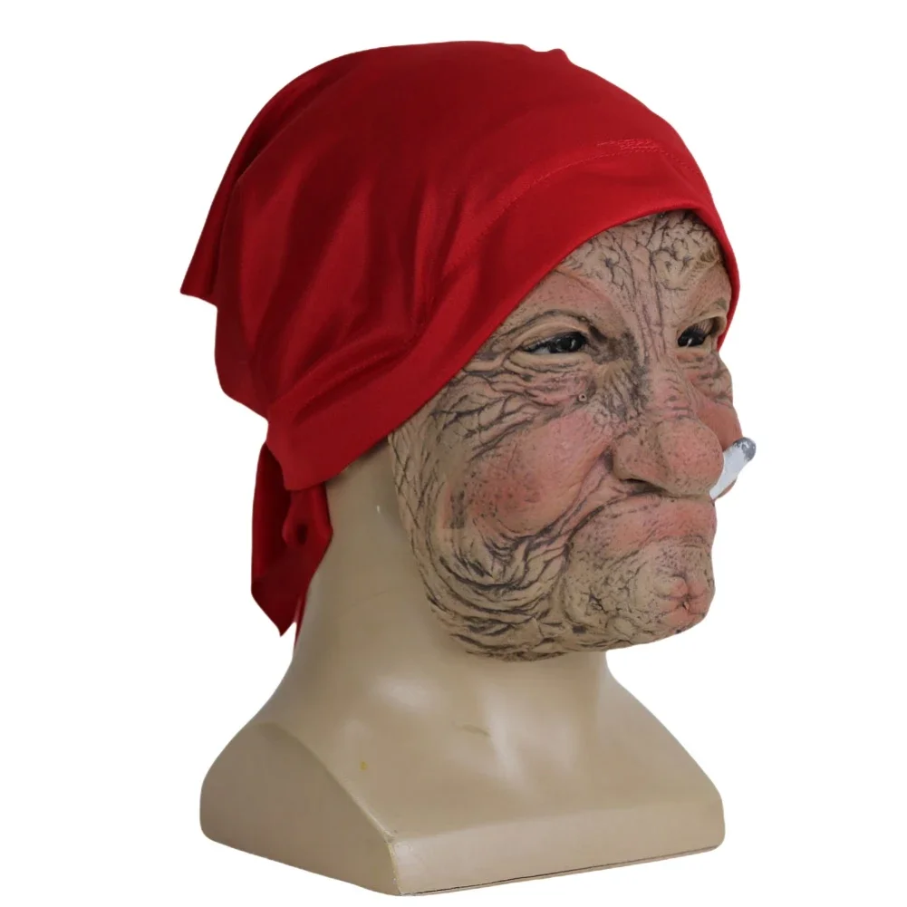 Halloween Horror Smoking Old Grandmother Mask Realistic Latex Masks Costume Festival Stage Show Cosplay Props