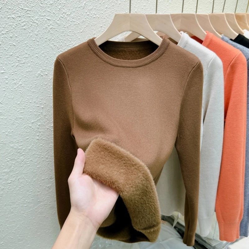 

Осенне-зимний женский облегающий свитер с длинными рукавами и круглым вырезом, однотонный элегантный модный трикотаж, интегрированный флисовый топ