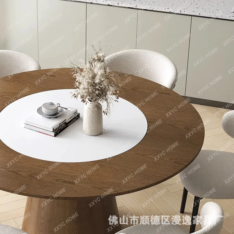 

LBuilt-in turntable dining table Household solid wood round table with turntable 8 people 10 people dining table
