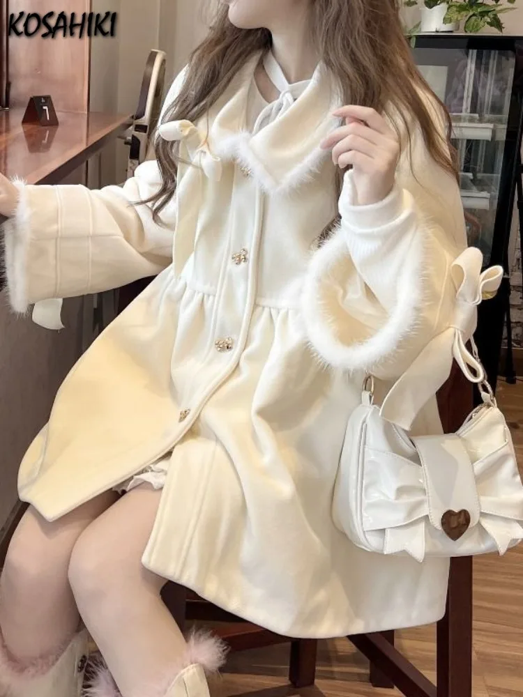 Sweet Girl Students Fur Patchwork Loose Jackets Women Y2k Aesthetic Single Breasted Coats 2024 Harajuku Kawaii Cute Bow Jacket