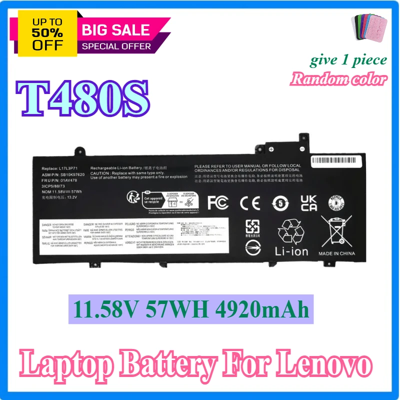 

Laptop Battery L17M3P71 L17L3P71 for Lenovo ThinkPad T480S Series L17M3P72 01AV478 01AV479 01AV480 SB10K97620 SB10K97621