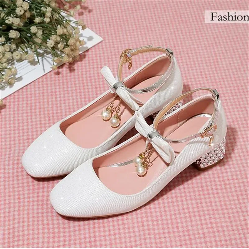 Zapatos de princesa para niña, zapato de rendimiento de cuero blanco, zapato de tacón alto de cristal para niños