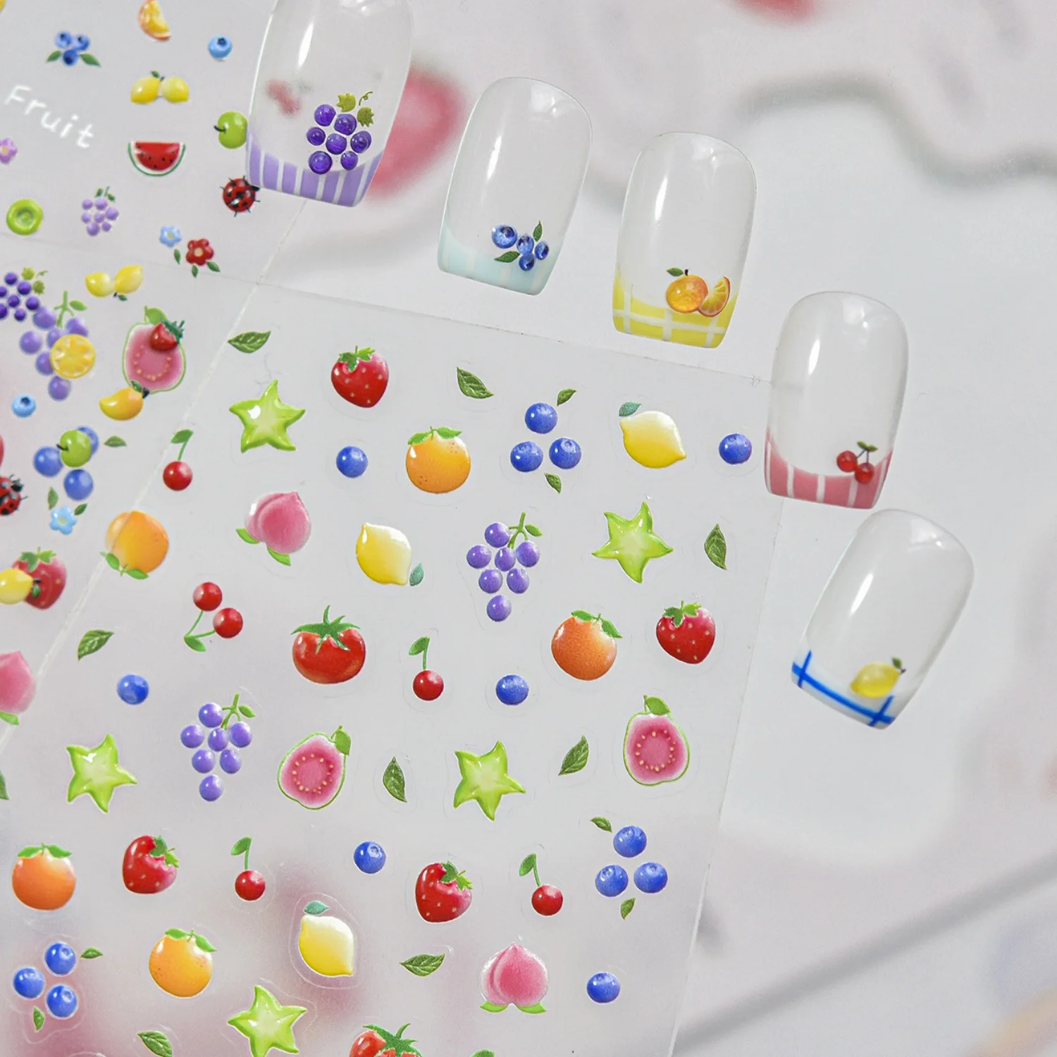 1pcs 5D Colorful Mini Fruit Strawberry Peach Orange Cute Nail Stickers Starfruit Grape Green Leaf Blueberry Self-Adhesive Decals