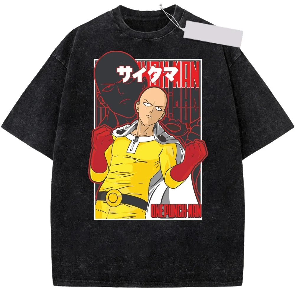 

Vintage Washed Black One-Punch Man Garou Oversized T-Shirt – Front White Line-Art Style Garou Graphic