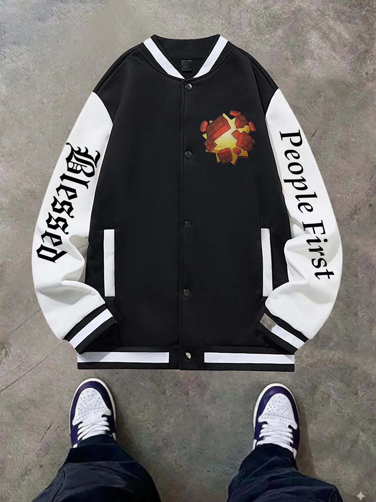 

Black Blue Green Double-Sided Print Jacket Loose Oversized XS-XXL Unisex Baseball Jacket Streetwear Coat Warm Fleece Soft Jacket