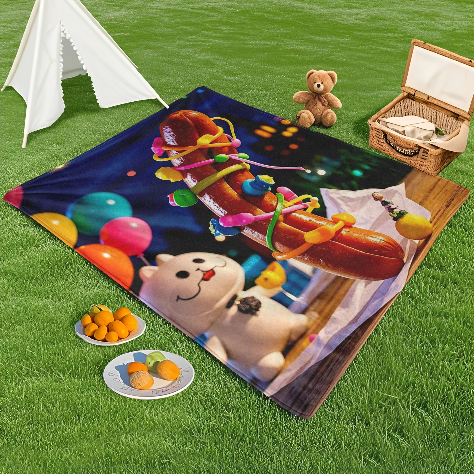 Hot Dog Moon Balloons Bunny And Lights Design Outdoor Picnic Blanket For Camping Beach And Park Nighttime Fun