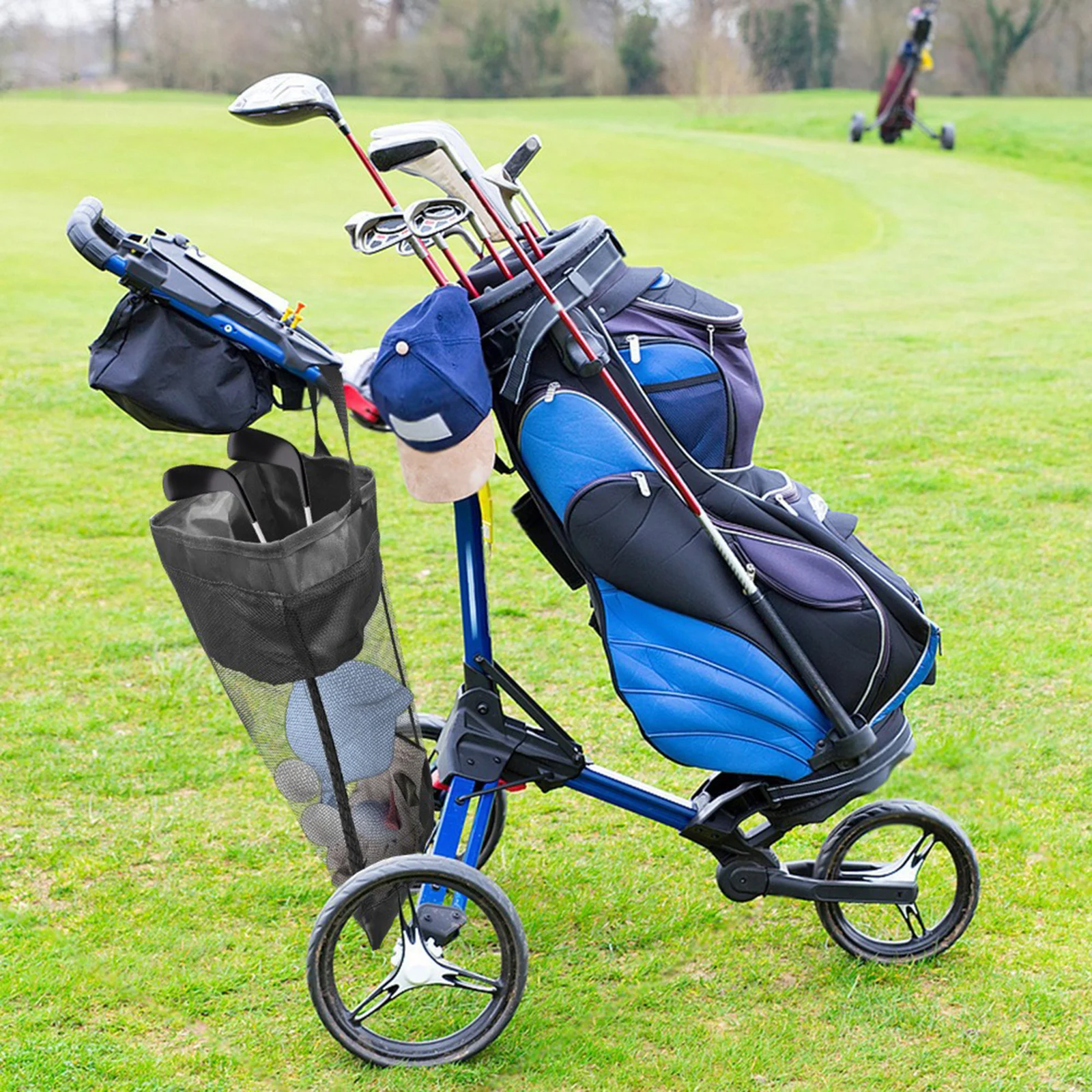 Durable Golf Cart Storage Bag Mesh Organizer for Tournament Gear Reinforced Buckles Foldable Push Cart Accessory Heavy Duty