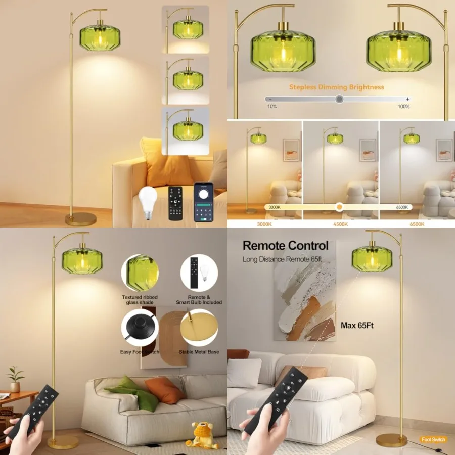 

Gold Floor Lamps for Living Room Bedroom, Glass Floor Lamp with Remote Control and Green Lampshade, Arc Dimmable Floor Lamp Mid