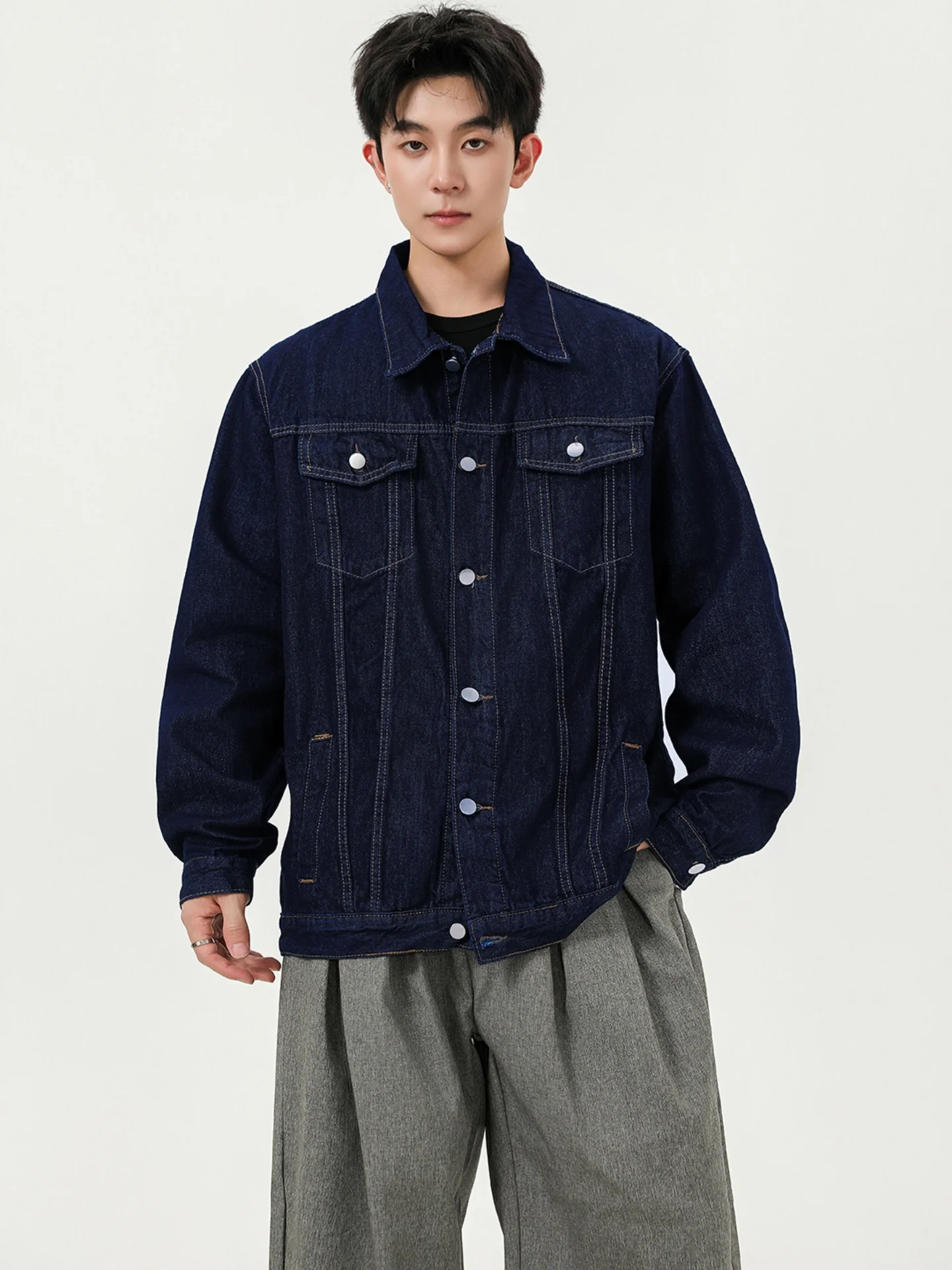 Spring Autumn New Style  Denim Blue Jeans Jacket Men's Casual Fashion Brand Versatile Handsome Loose Fit Classic Collar