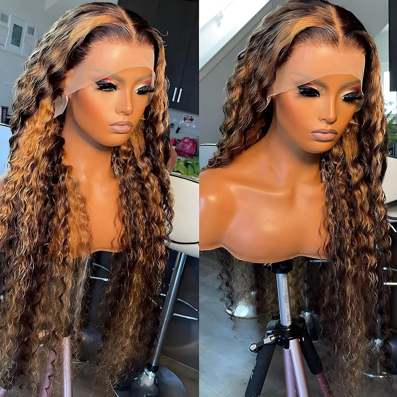 Luvin Pre Plucked Deep Curly Glueless Wigs Human Hair 4/27 Honey Blonde 13x4 Deep Wave Lace Frontal Wig Highlight Ombre Lace Wig