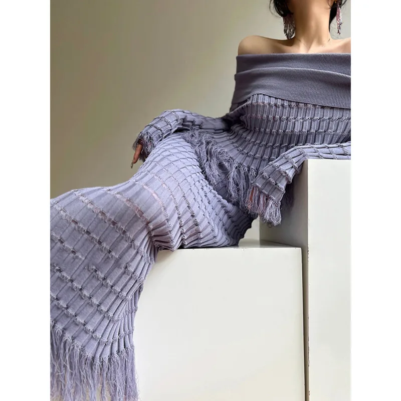 HUISONG élégant 2 pièces ensemble tricoté Slash cou pull gland ourlet mince taille élastique hanche enveloppement a-ligne costume printemps 2025 nouveau 3bi85f