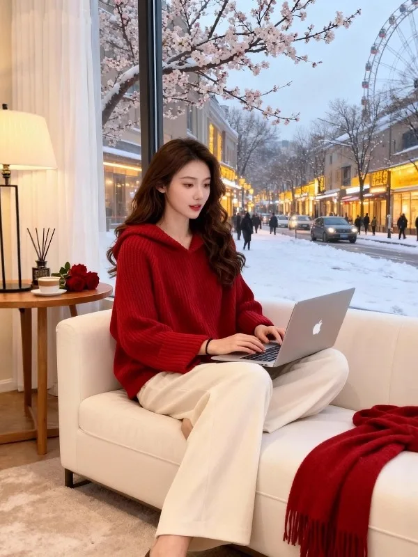 

Red Knitted Sweater Set for Young Women Elegant Rich Girl Style Winter Fashion Two-Piece Long Sleeve Crew Neck Loose Fit Comm...