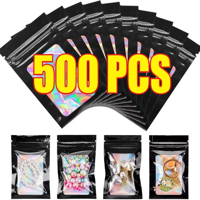100 Uds. Bolsas holográficas Ziplock, bolsas de plástico iridiscentes con cremallera para manicura, exhibición de pestañas, pendientes, anillo, bolsa de almacenamiento de joyería