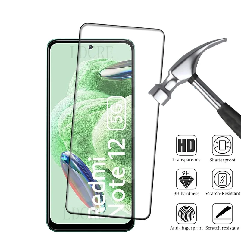 Protector de pantalla de vidrio templado para Xiaomi Redmi Note 12, pegamento de cubierta completa HD 9H, 5G, 4 unidades