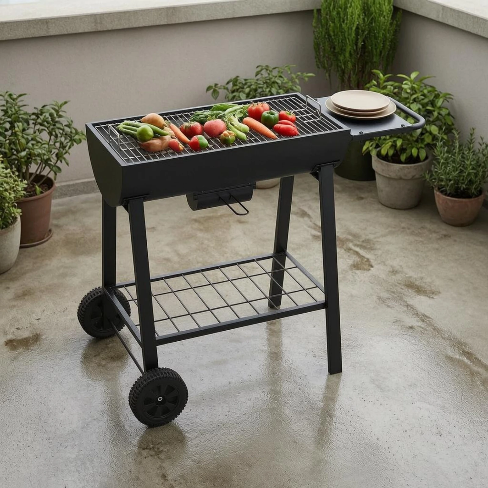 

Rectangular Charcoal Barbecue Storage Rack Wheeled Charcoal Grill Barbecue Grill Black Metal Outdoor Cooking Equipment 4 Legs