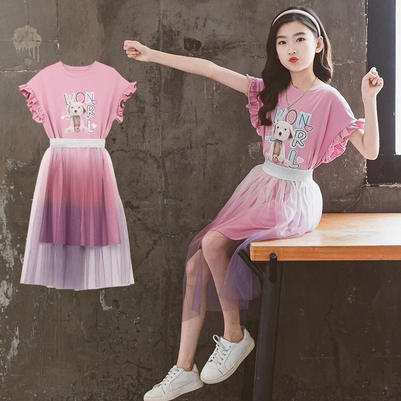 

2024 Summer School Girl 2PCS Clothes Set Junior Girl Cartoon Bear Flounce Sleeve Tops+Lace Gauze Skirt Children Girl Sweet Suit