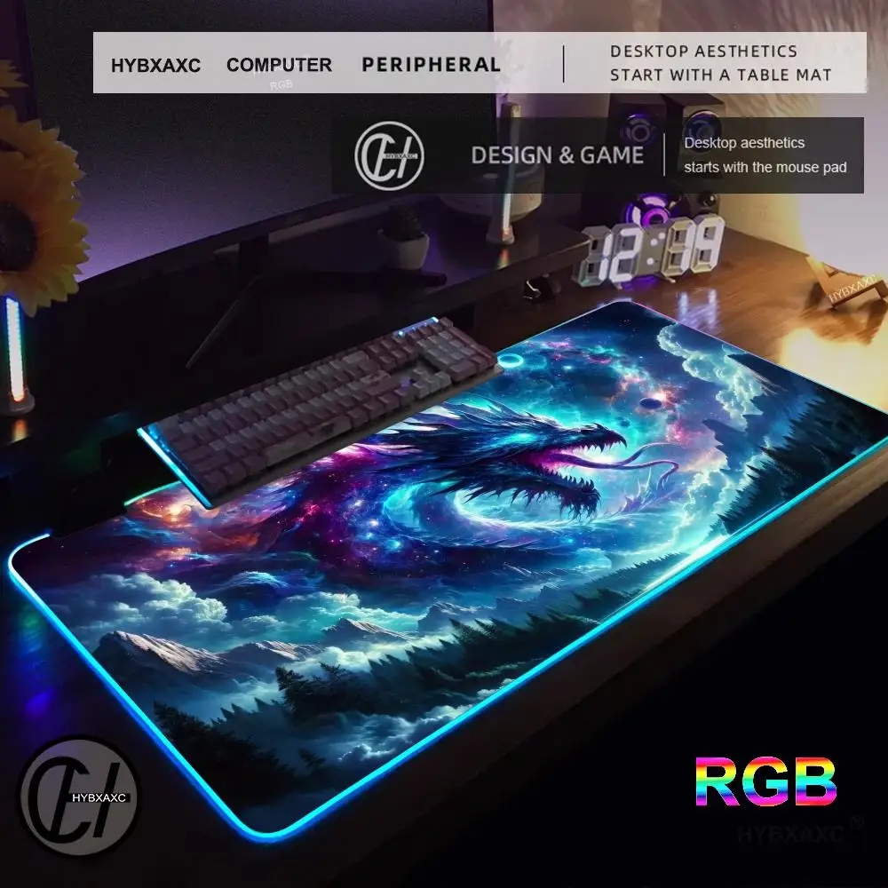 

Игровой коврик для мыши 2026 HYBXAXC HD RGB, большой коврик для стола с LED-подсветкой XXL, дизайн «Фантастическая Вселенная: Звездный Дракон»