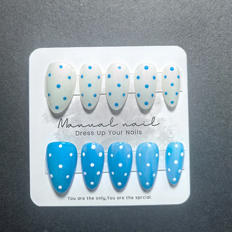 10Pcs  Handmade Press-on Nail， Almond , Aurora Mirror Powder with Polka Dot Design, Holographic Chrome False Nails