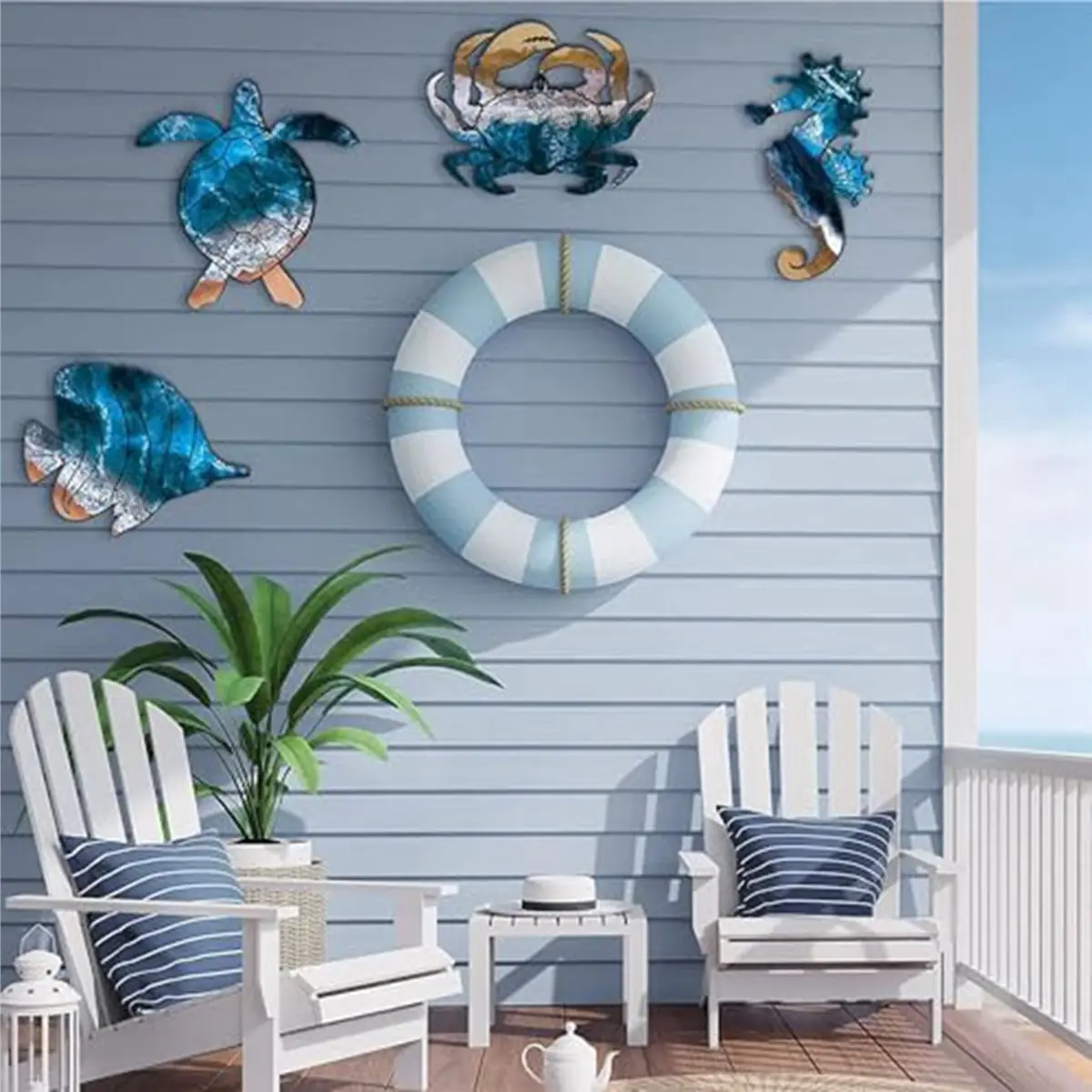 A56X 8X Wall Sculptures Metal Outdoor Wall Art Decor, Beach Pool Sea Decor Theme with Metal Sea Turtle Fish Crab Decor