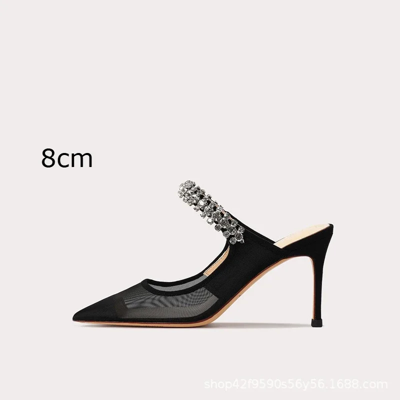 CHMURY Black Pointed Toe Mesh Upper Mules High Heels Shoes for Women Party Designer Wear 6cm 8cm 10cm