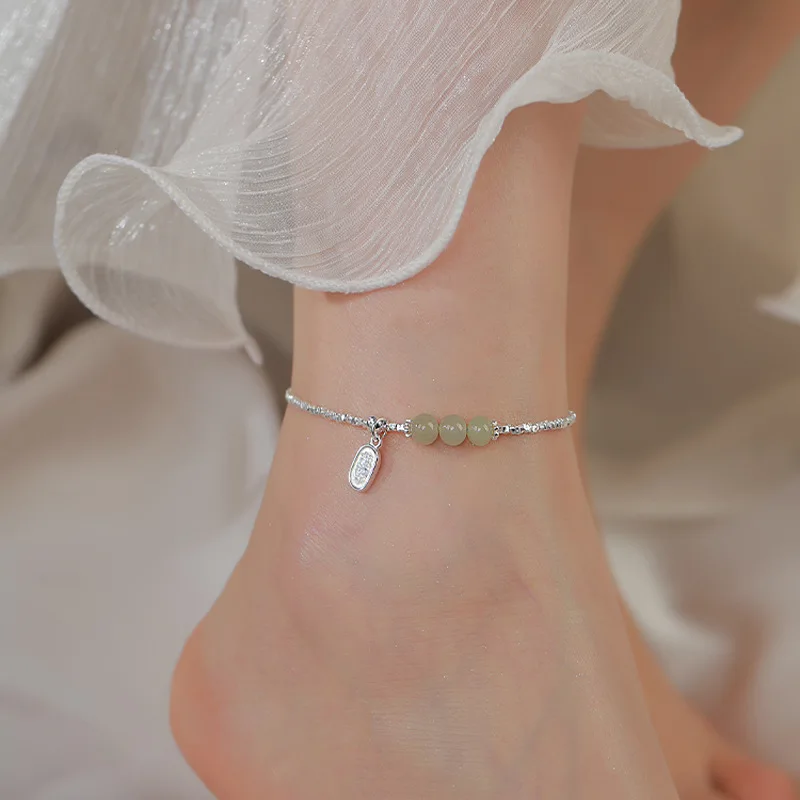 

925 Sterling Silver Anklet Green Jade Triple Beads Good Wish Square For Woman Girl Fashion Jewelry Gift Dropship Wholesale