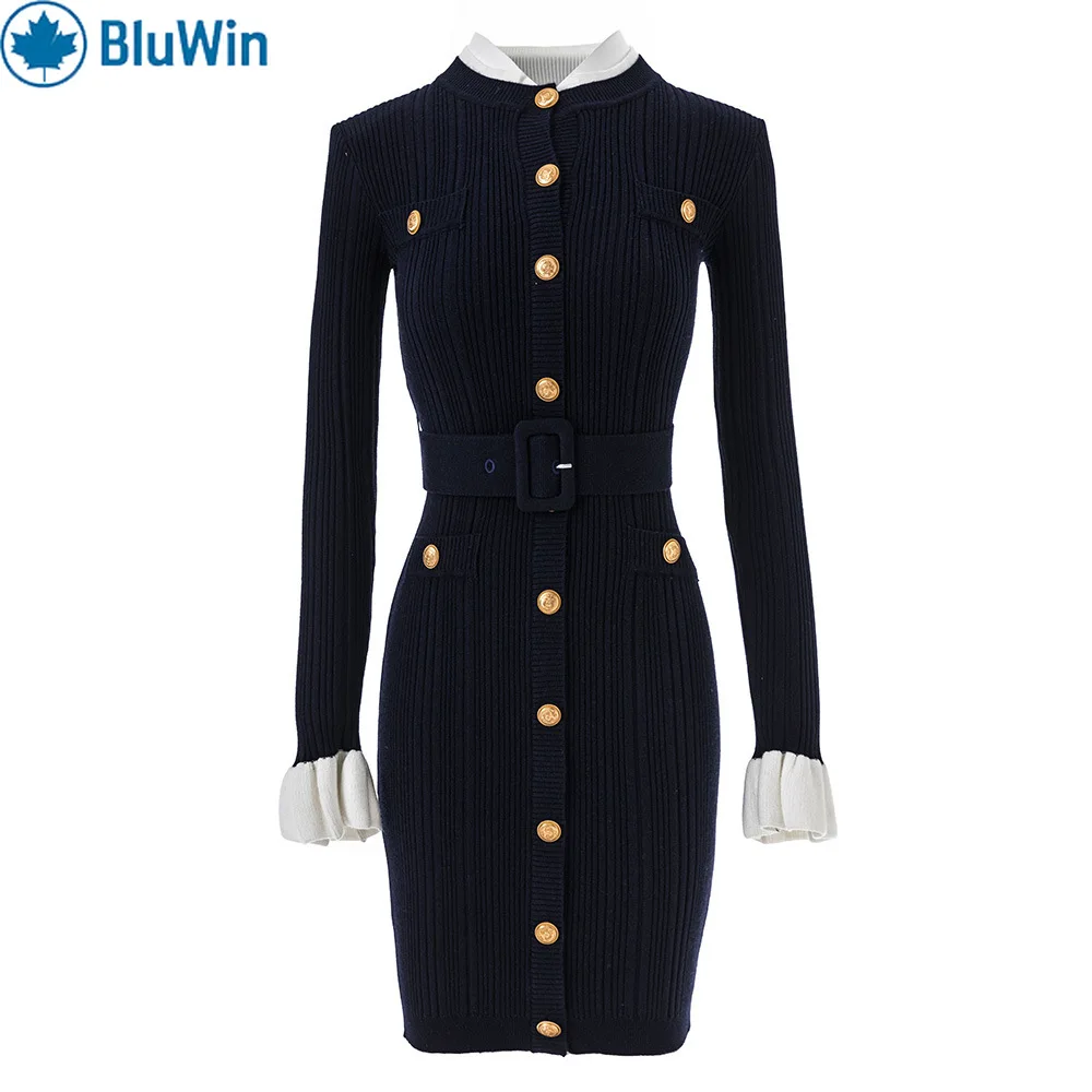 

BluWin Knit Mini Dress Women Contrast Collar Cuff Long Sleeve Gold Button Belted Bodycon Elegant