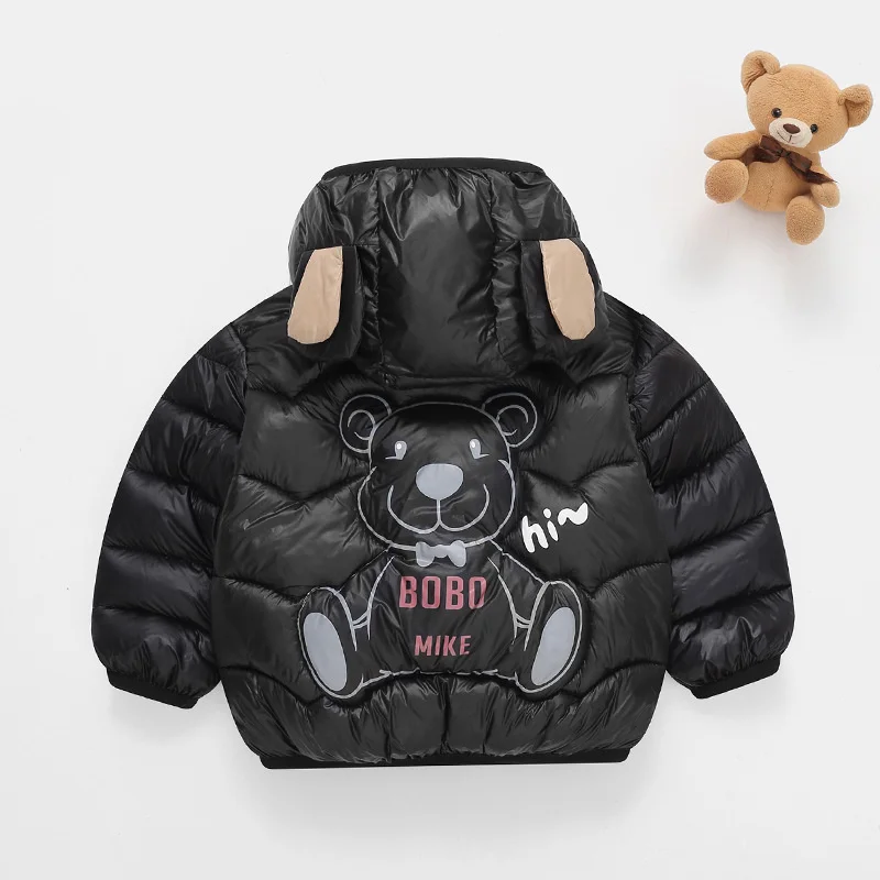 New Kids Warm Down Coats 2024 Winter Boys Girls Thin Jackets Bear Print Zipper Coat Children Hooded Short Outerwear Baby Clothes