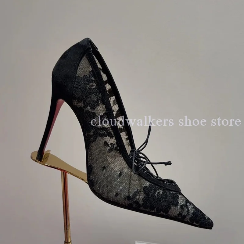 

Black White Sexy Lace Exquisite Embroider Flower Pumps New Trend V-Shaped Mouth Lace Up Design Slip On Pumps Hot Chick Stilettos