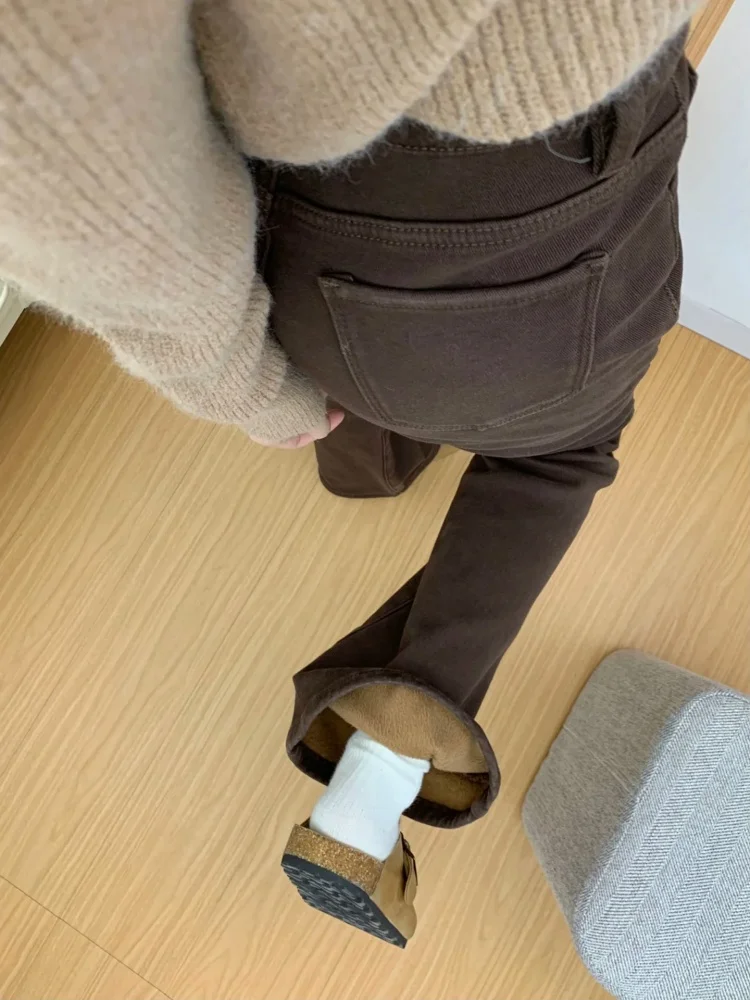 

Женские джинсы-колокольчики с высокой талией Thiened Fce, осень-зима, большие размеры, утягивающие брюки, американские брюки, свободная посадка